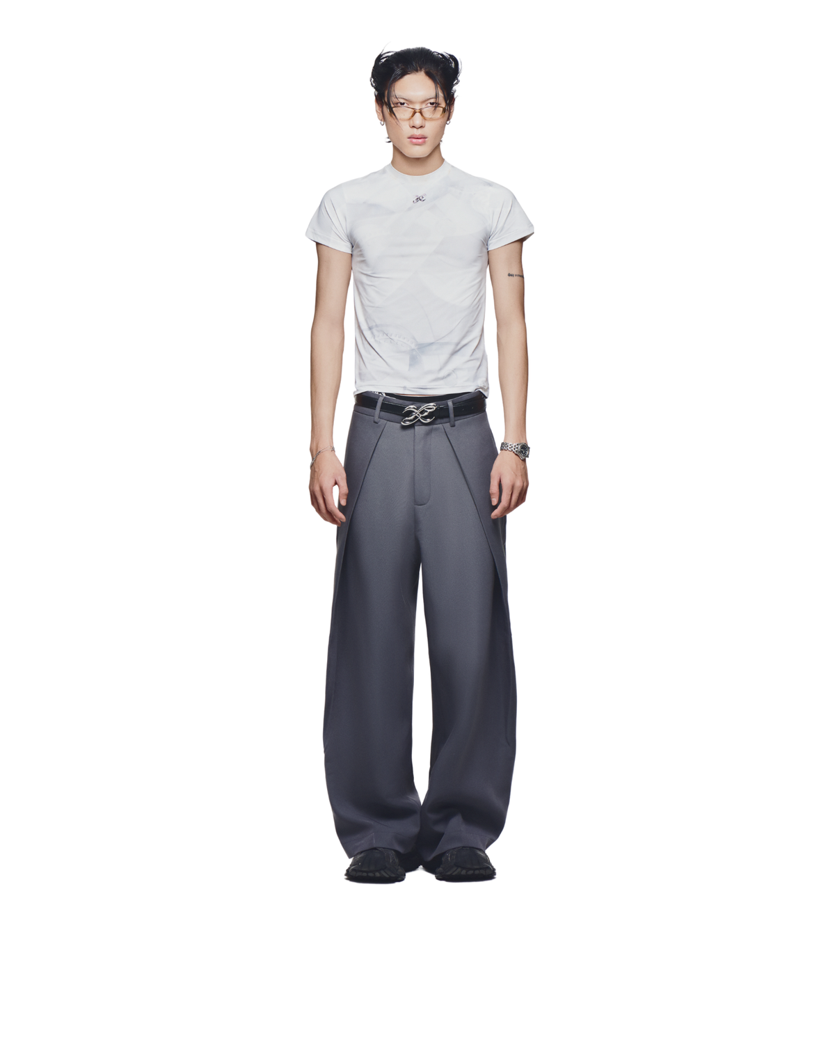 GRAY ROLLING WIDE-LEG TROUSERS